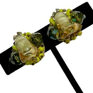 Vintage Signed Vendome Gold Plated Clip Earrings With Green Glass And Crystal